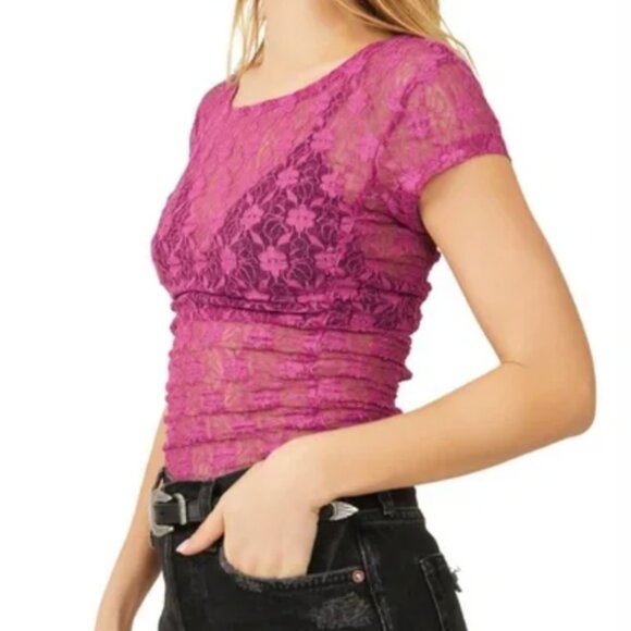 Free People Intimately Keep It Simple Lace Baby Tee in Magenta - Picture 2 of 7